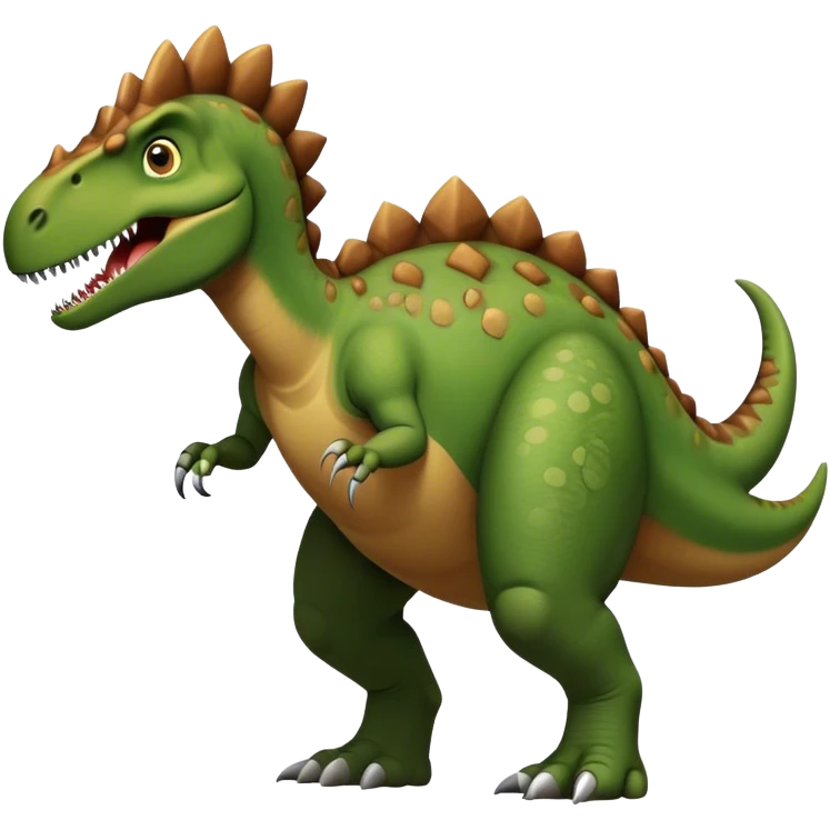 A large, herbivorous dinosaur with a sturdy, muscular build and a beaked mouth. Its skin is green and brown. It has a distinctive thumb spike on each hand, strong hind legs for walking, and a long, balanced tail emoji