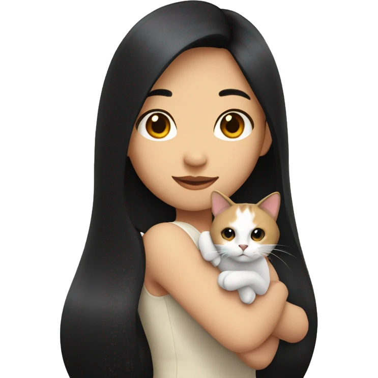 A long black hair Asian girl holding a calico cat emoji