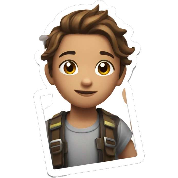 A brown haired 10 year old holding a fortnite card emoji