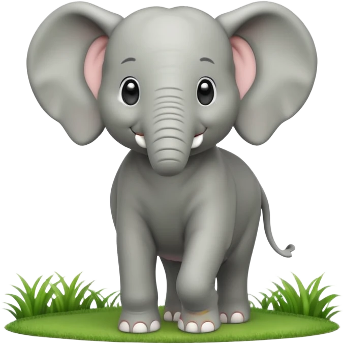 A large 3D cartoon elephant standing on green grass, smooth gray skin, big ears, curved trunk raised slightly, gentle smile, bright natural sunlight, Memoji-style. emoji
