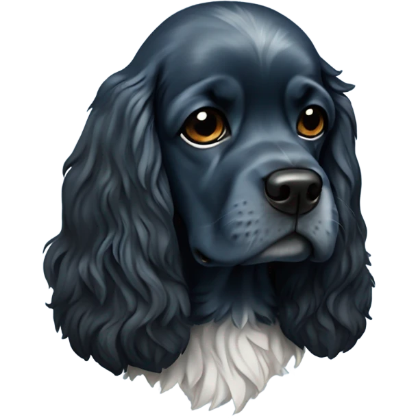 Sad cocker spaniel , with black fur, black head , white chest . In blue torn jacket emoji