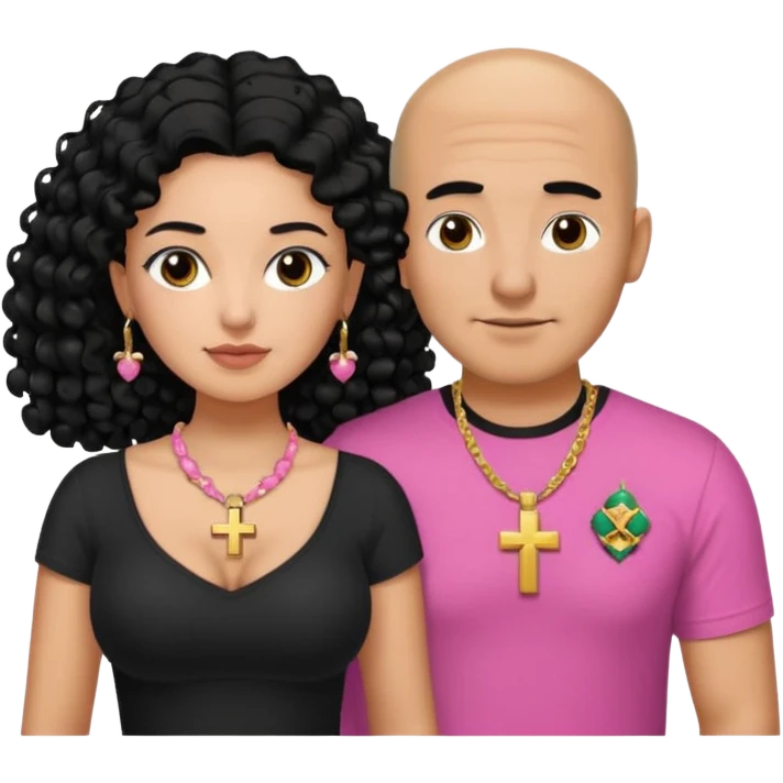 A picture if a couple. the man is a Mexican man with tanned skin, black hair, a bald hair cut, short boxed beard, and wearing a black shirt. the woman is mixed with black and white, with curly long hair, a gold cross necklace, wearing a pink shirt and with big boobs emoji