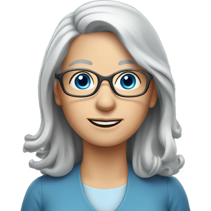 long gray hair, older female, blue eyes, glasses, writing emoji