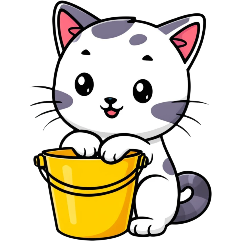 cute cat sitting with a large bucket stuck on its head emoji