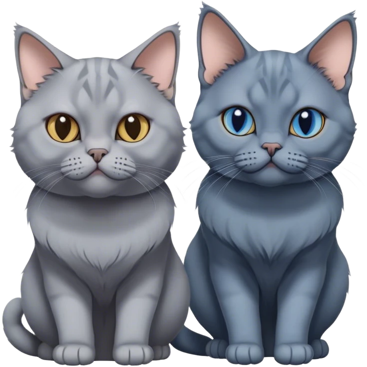Three cat heads: British Shorthair Blue, with large cheeks, Maine Coon with fluffy fur and expressive eyes, Sphynx with smooth skin and prominent features, minimalistic, on a white background, no extra details. emoji