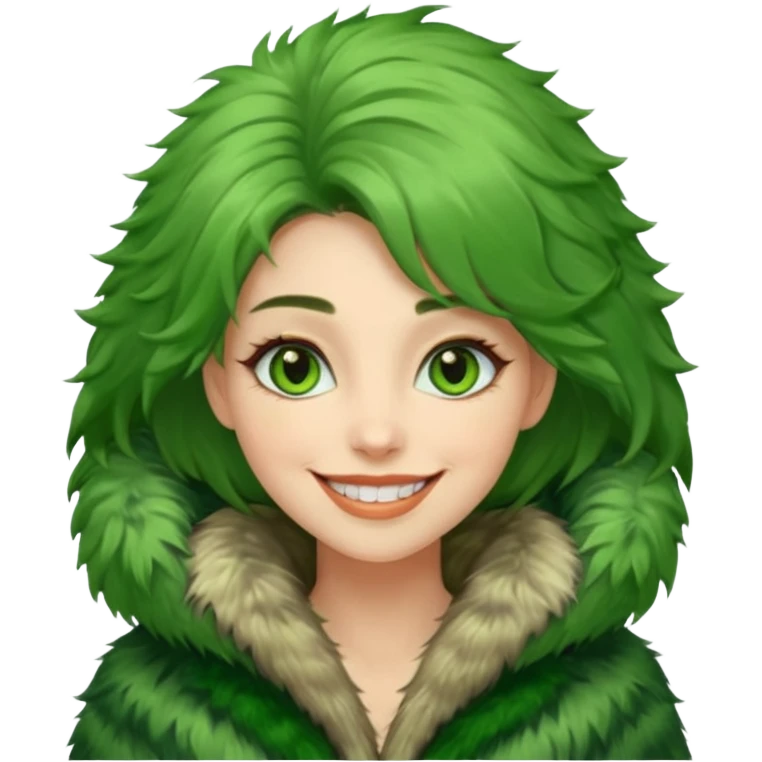 female in green fur coat like grinch emoji