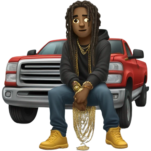 young hustler with dreads PUSHING TRUCK with both hands wearing a hoodie  with gold jewelry chains on emoji
