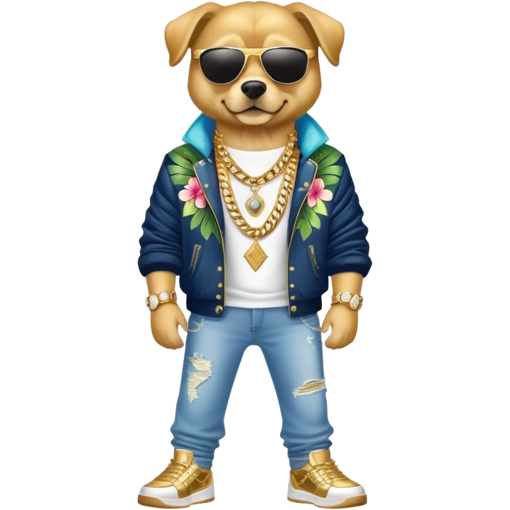 Make a full-body dog with layered gold chains with diamond rings, a haiwian lay and jacket, sunglasses and jeans with jordans emoji