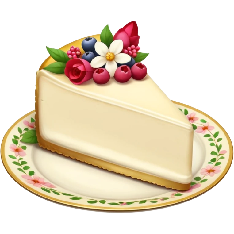 Piece of cream cheesecake on a floral white and golden plate emoji