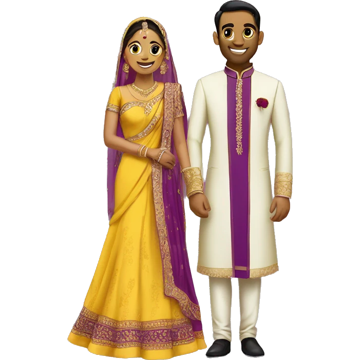 Bride in yellow saree and groom in purple sherwani emoji