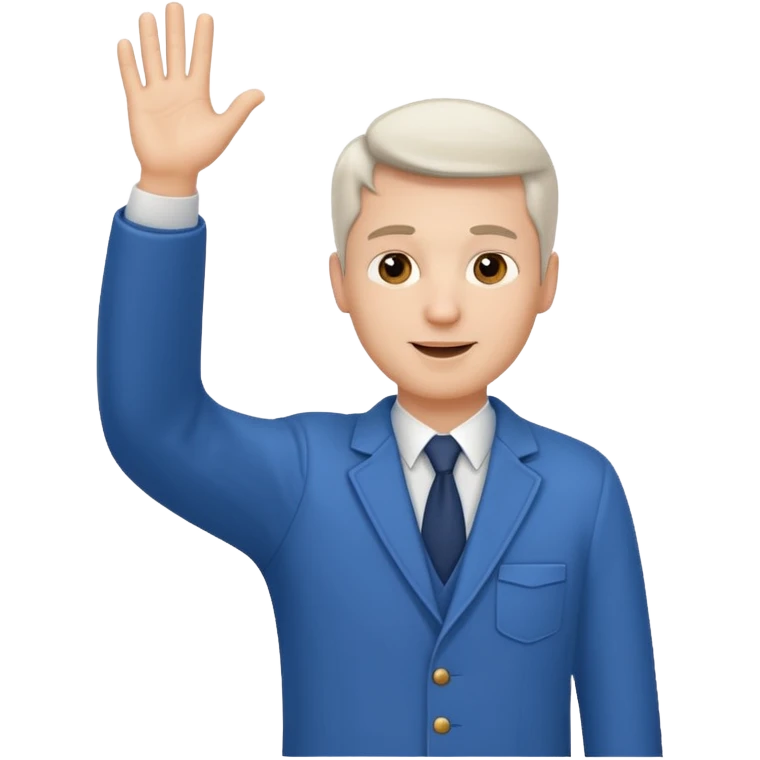 A white man in ordinary clothes stands and waves his hand in greeting. emoji