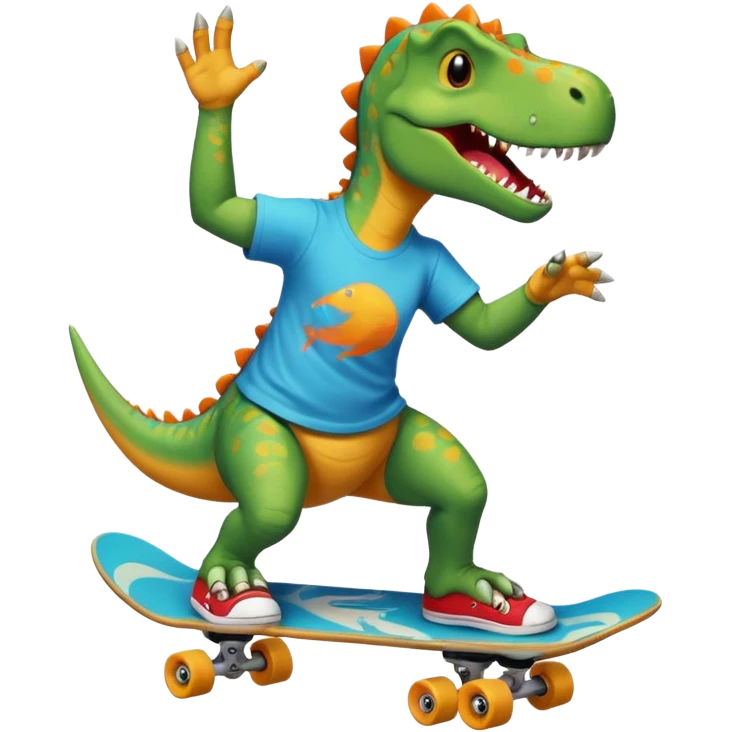 Dinosaur skateboarding at the skate park wearing a t-shirt and doing six seven and dancing emoji