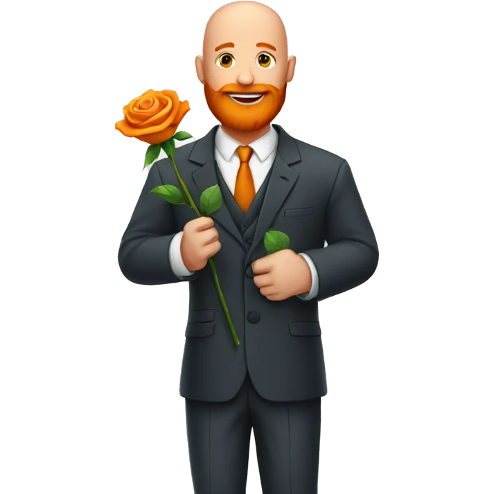 Bald man with a big orange beard wearing a suit and holding a rose emoji