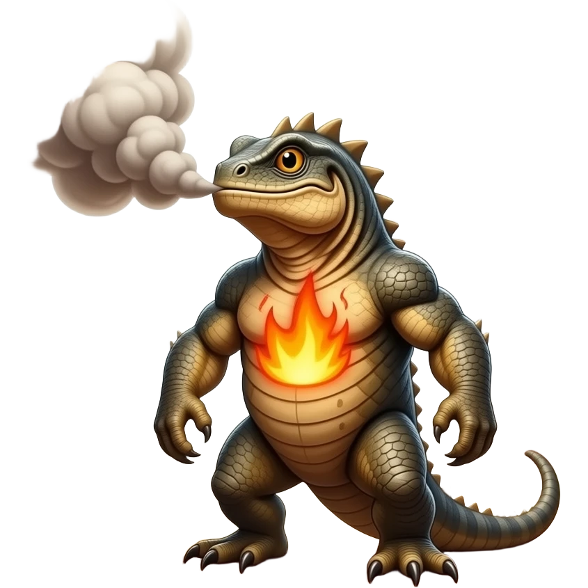 imaginary Creature: A stocky reptilian creature that stores heat in its chest and exhales thick, burning ash clouds. It prefers dry canyons and volcanic slopes emoji