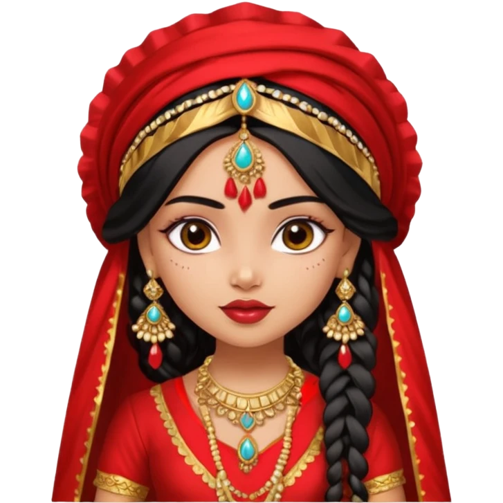 a pretty bratz fair indian girl wearing a red indian wedding outfit with dupatta on head,  golden jewellery, black wavy hair emoji