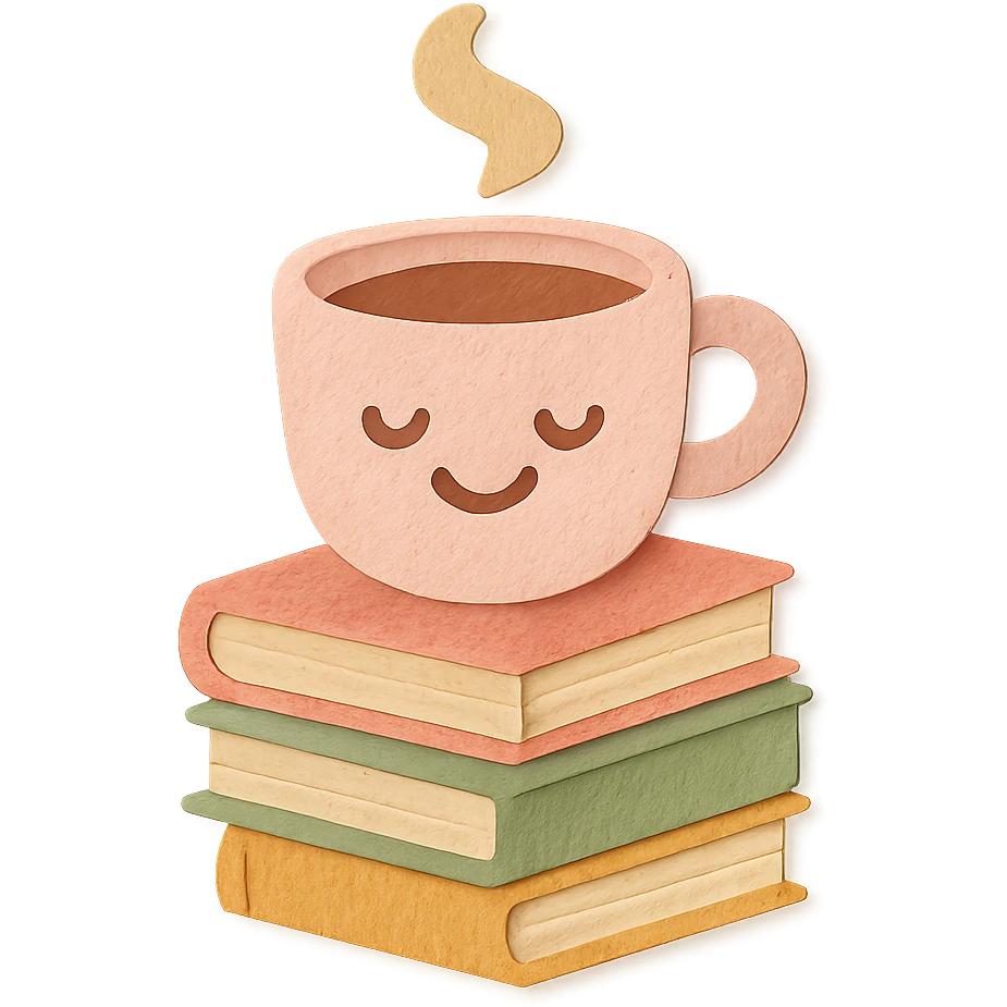 coffee cup with stack of books, smiling face, cozy hand-drawn pastel style emoji