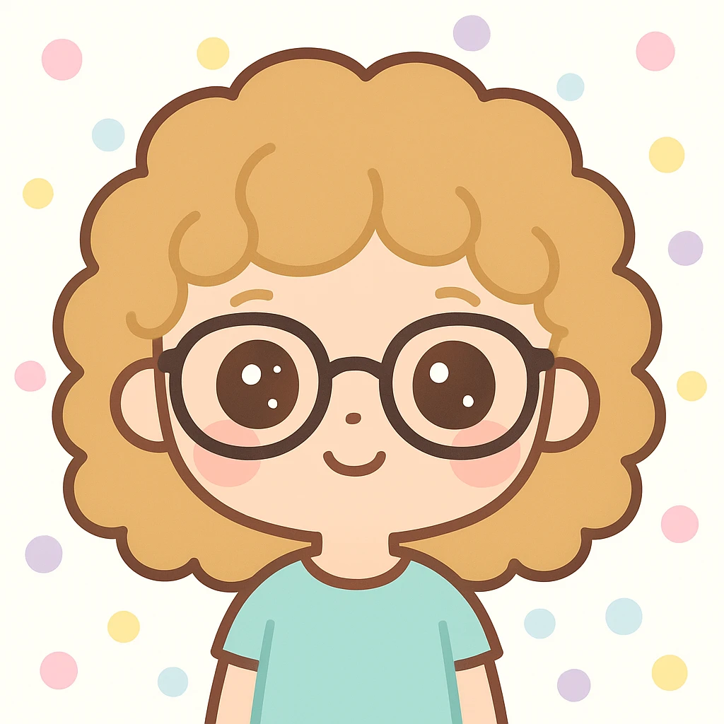 kawaii style avatar of a girl with dark blonde curly hair, black glasses, brown eyes emoji