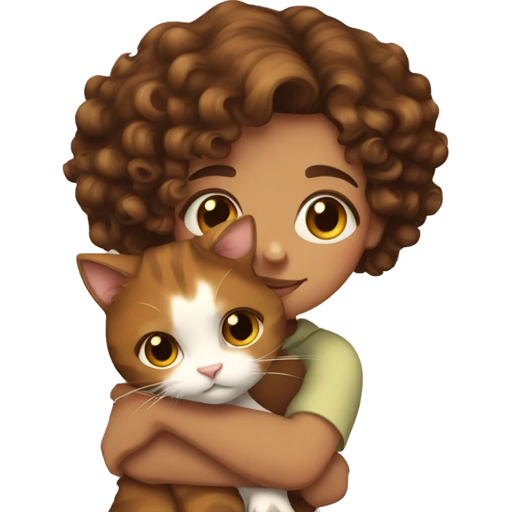  Brown curly hair girl hug calico cat emoji