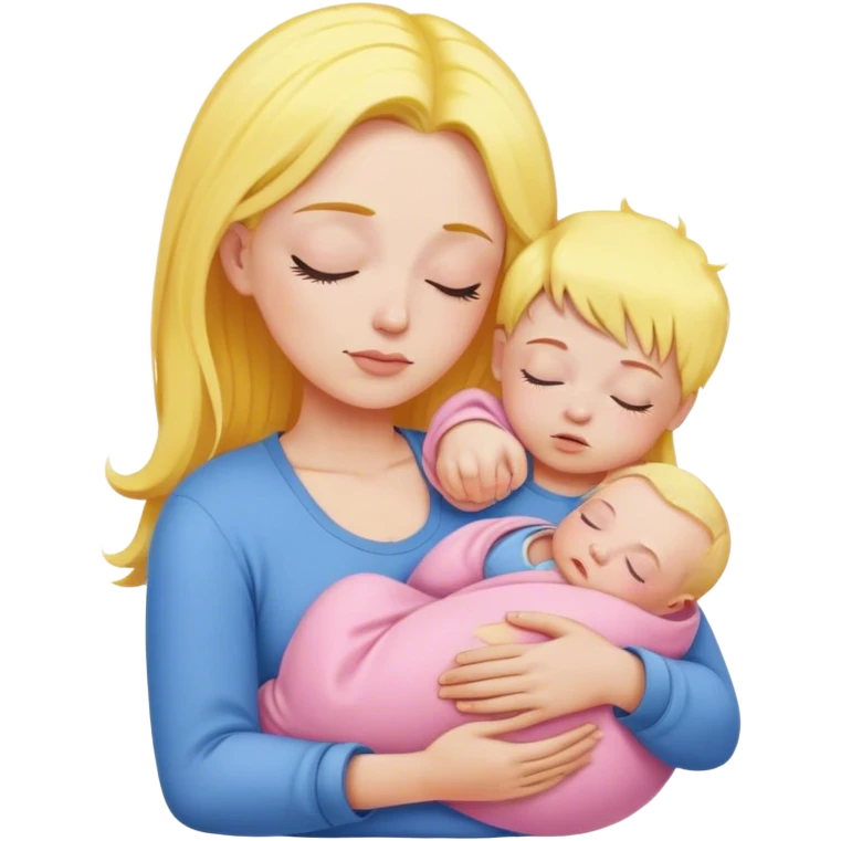 A mother with yellow hair and pink clothes holds a sleeping baby in blue clothes emoji