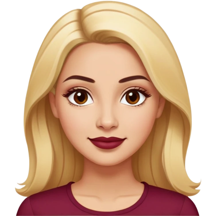 Puerto Rican actress Linette Torres with warm light skin, attractive elegant features, expressive eyes, well-defined eyebrows, straight nose, friendly smile, long blonde hair, wearing a fashionable burgundy top emoji