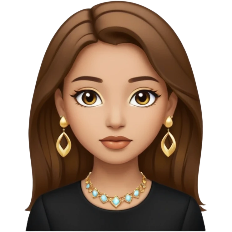 Μια κοπέλα καστανή με μαύρα ωραία ρουχα και σκουλαρίκια και κοσμήματα και βαμμένη ελαφρό emoji