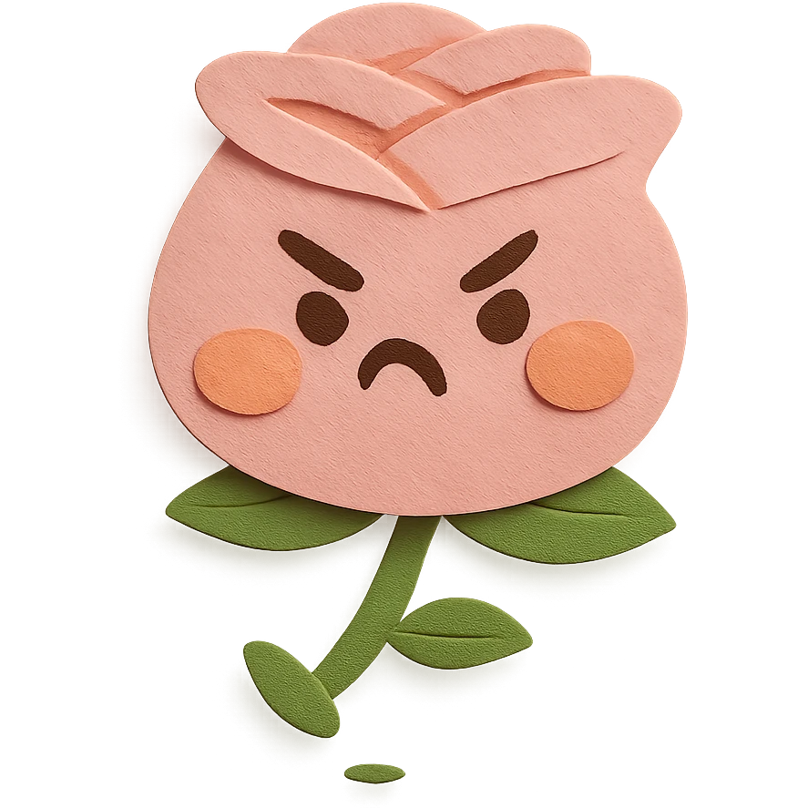 soft pink rose flower with puffed cheeks and an angry pouty face, stomping adorably, pastel tones, chibi round shape, paper-craft style emoji