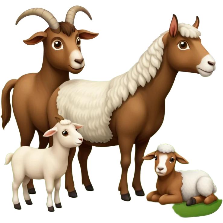 Icon for Domestic Hooved Animals: A gentle collage featuring a brown goat with large, curious eyes, a calm sheep with soft wool and a horse with a flowing mane. Background with a green pasture and a few hay bales. Transparent background. emoji