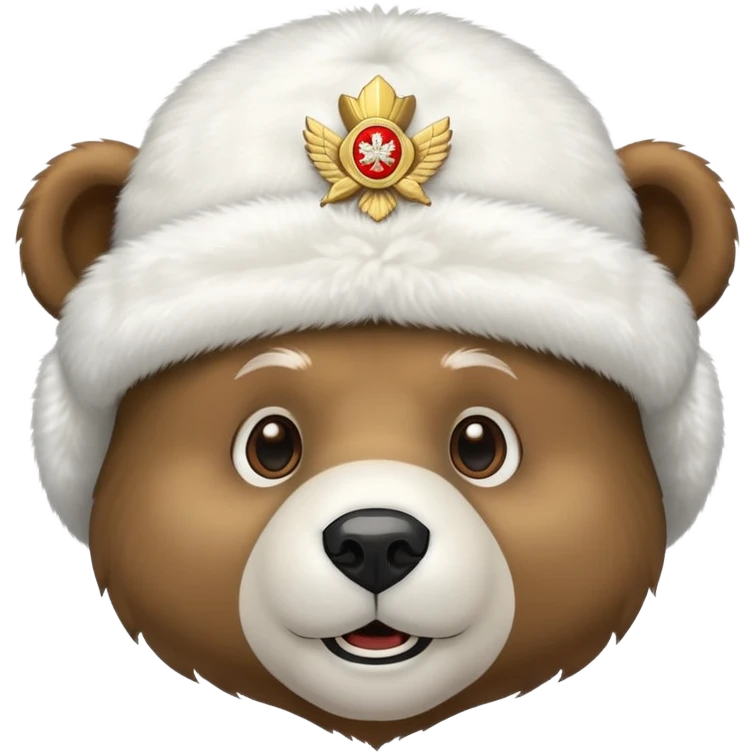 Friendly bear face with white fluffy ushanka hat with prominent Russian emblem in the middle, iOS emoji style emoji