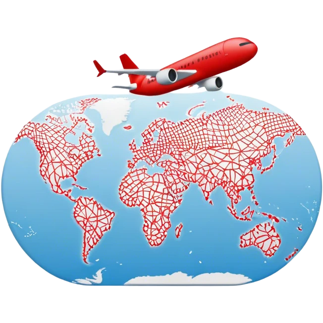 Carte du monde avec une ligne en pointillés rouge entre Fort-de France en Martinique et Paris en France avec un avion au milieu du trajet  emoji