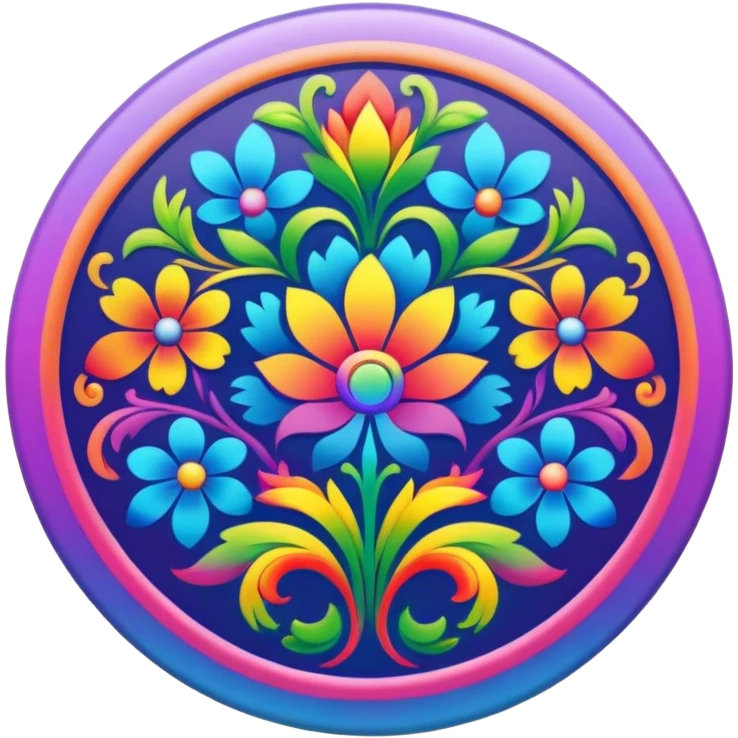 A round psychedelic colored button with rainbow colored damask style hippie flowers around the edges emoji