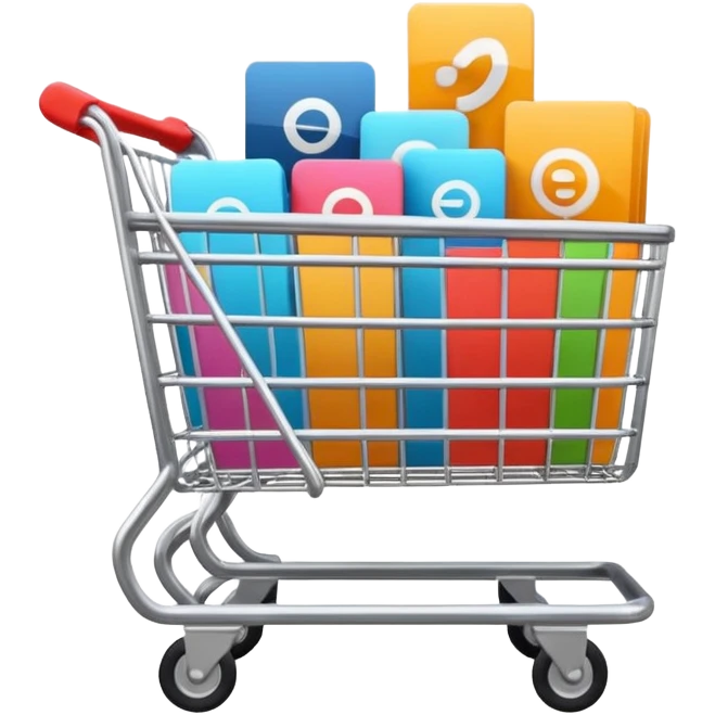 Digital shopping cart filled with online products, clean minimal UI design, smooth motion graphics animation, floating icons, modern style, dark background, cinematic lighting, seamless loop. emoji