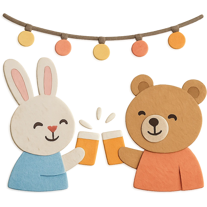 bunny and bear clinking juice cups under string lights emoji