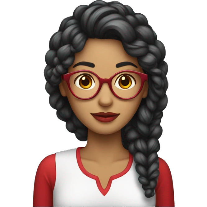 Mulher de óculos com cabelos cacheados e blusa vermelha  emoji
