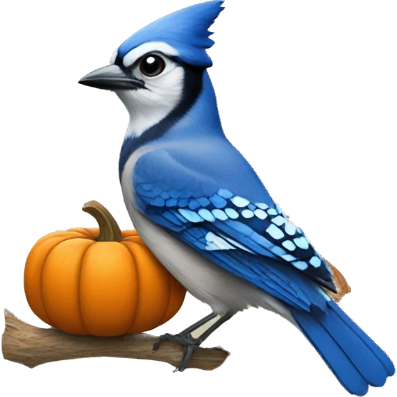 Bluejay with a pumpkin on its head emoji