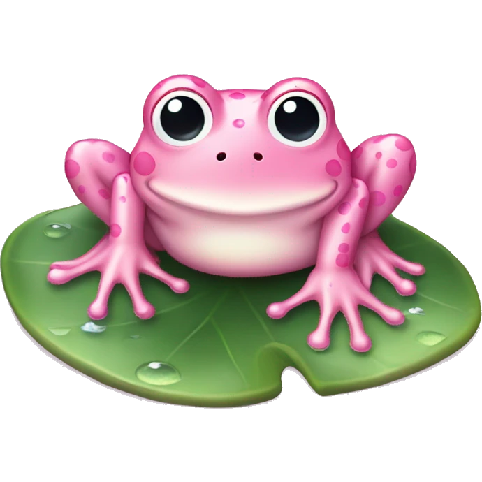 Frog "A pastel pink frog with glossy, glowing skin, heart-shaped spots, and tiny sparkling lily pads floating nearby." emoji