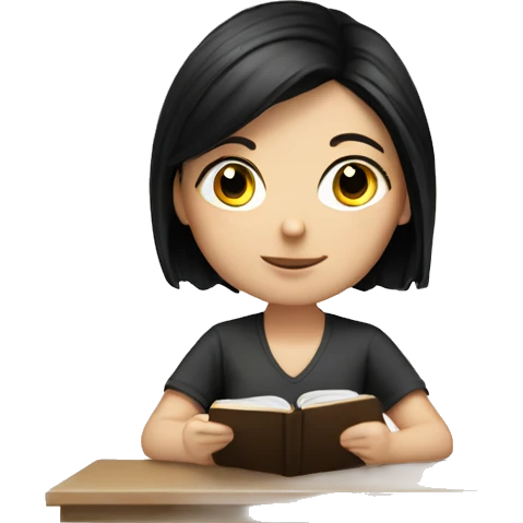 A white girl with black hair studying emoji