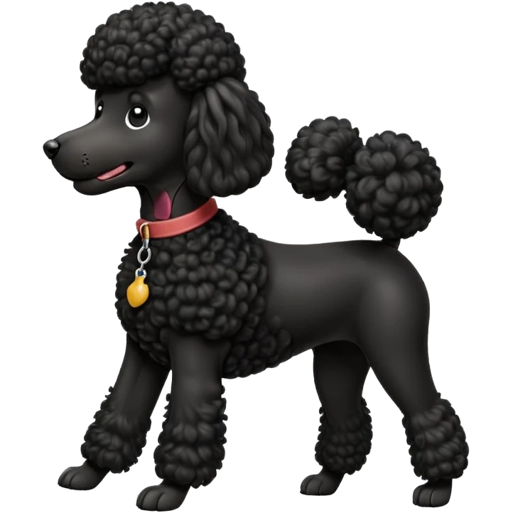 A high-resolution digital illustration of a black poodle in a clean, semi-realistic style. The poodle is shown from the chest up, facing forward with a slight tilt of the head to the left, tongue out playfully. emoji