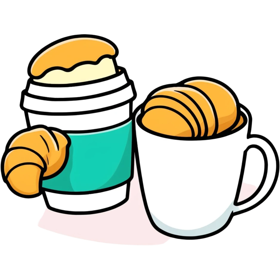 coffee and croissant, cartoonish sticker style emoji