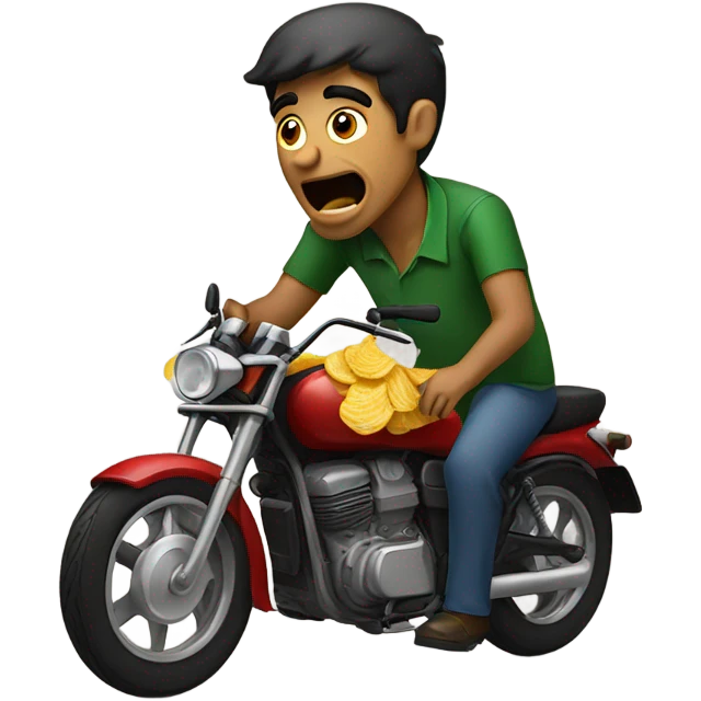 A Pakistani man riding a motor bike crying and eating potato chips  emoji