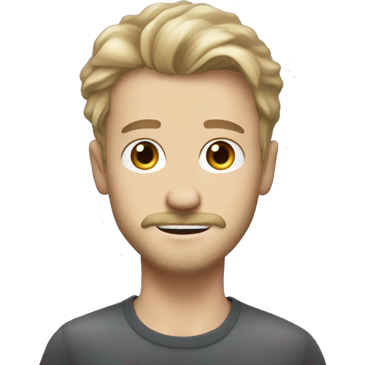  young white man with dirty blond hair light beard with mustache little piece of hair that bends over middle part, British expressions, spooky expressive grey eyes emoji