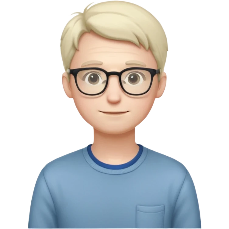 Timid adult male, pale skin, slim, soft features, glasses, slightly hunched posture, shy smile, casual nerdy clothes, small subtle blush, readable at small size, distinct from all other roles emoji