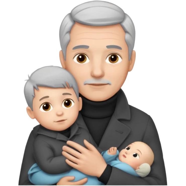 A father with silver-grey hair styled neatly and a clean-shaven face, wearing a dark turtleneck and wool coat, holding his baby emoji
