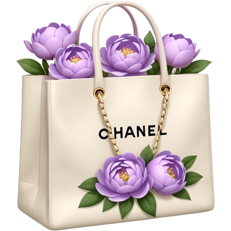 Realistic white chanel shopping bag with lilac peonies in it emoji