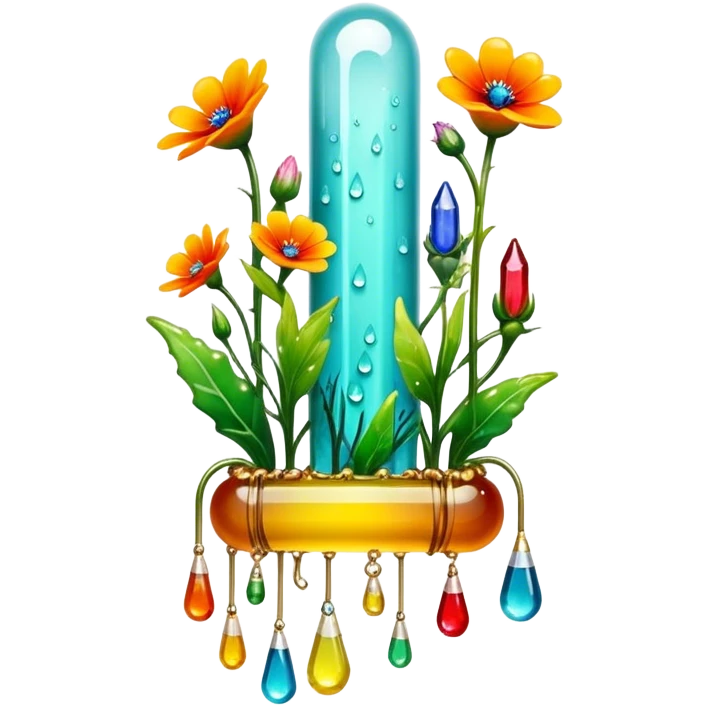 Create an icon that represents decorative arts using epoxy resin. The design should feature colorful tubes of resin, including fluorescent resin tubes, with visible drops or strokes of resin being applied to create intricate designs. Include finished resin jewelry pieces, such as pendants or rings, containing preserved flowers and insects encased in clear resin. The composition should feel vibrant, artistic, and delicate, showcasing the unique beauty of resin art with natural elements. The background should be transparent emoji