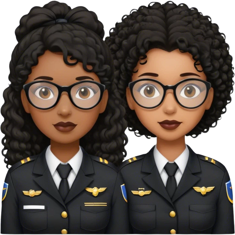 femme pilote d'avion en uniforme noir aux cheveux bouclés noir et petites lunettes arrondis identique avec des cheveux très long et la peau noir mais légèrement plus claire avec les cheveux attachés. 1 seule personne, cheveux moins épais  emoji