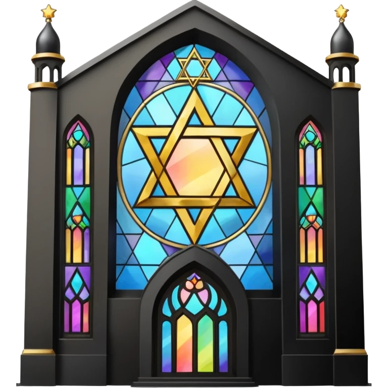 jewish synagogue temple in dark goth aesthetic style with black building and very light tint rainbow stained glass windows. and star of david and celestial symbolism emoji