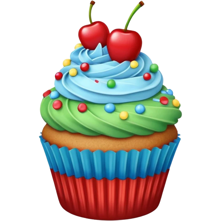 Cartoon Cupcake: blue cream, green paper, sprinkles with cherry on top  emoji