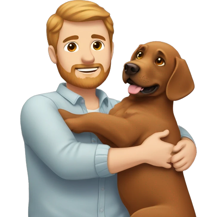 Red Labrador giving brown haired man a hug with no facial hair emoji