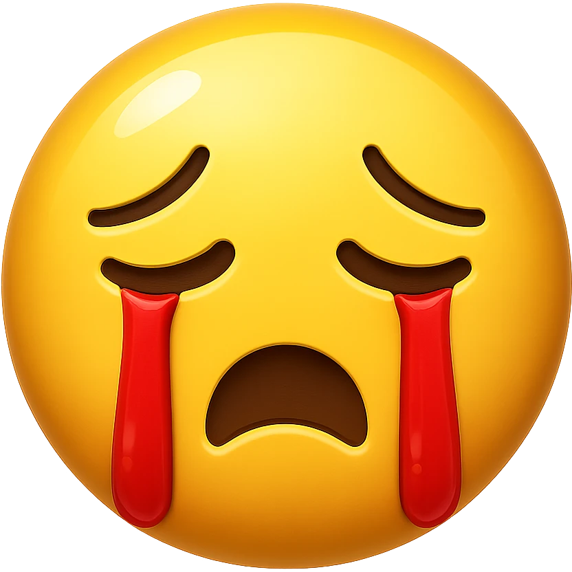 yellow crying face emoji, glossy finish, red tears, no background emoji