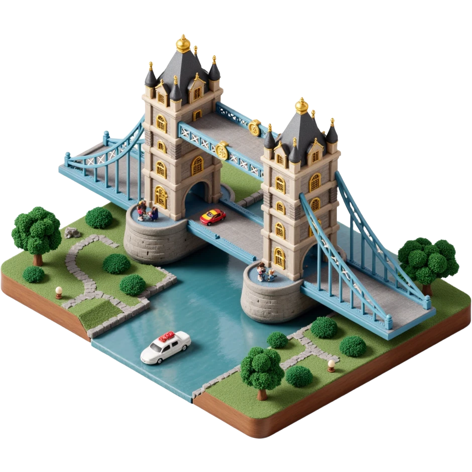 Isometric illustration of London, featuring photorealistic Tower Bridge over a section of river, highly detailed in semi-realistic style with sharp outlines, subtle brick and metal textures, soft shadows, balanced between stylized and realistic, 3D miniature effect, transparent background. emoji